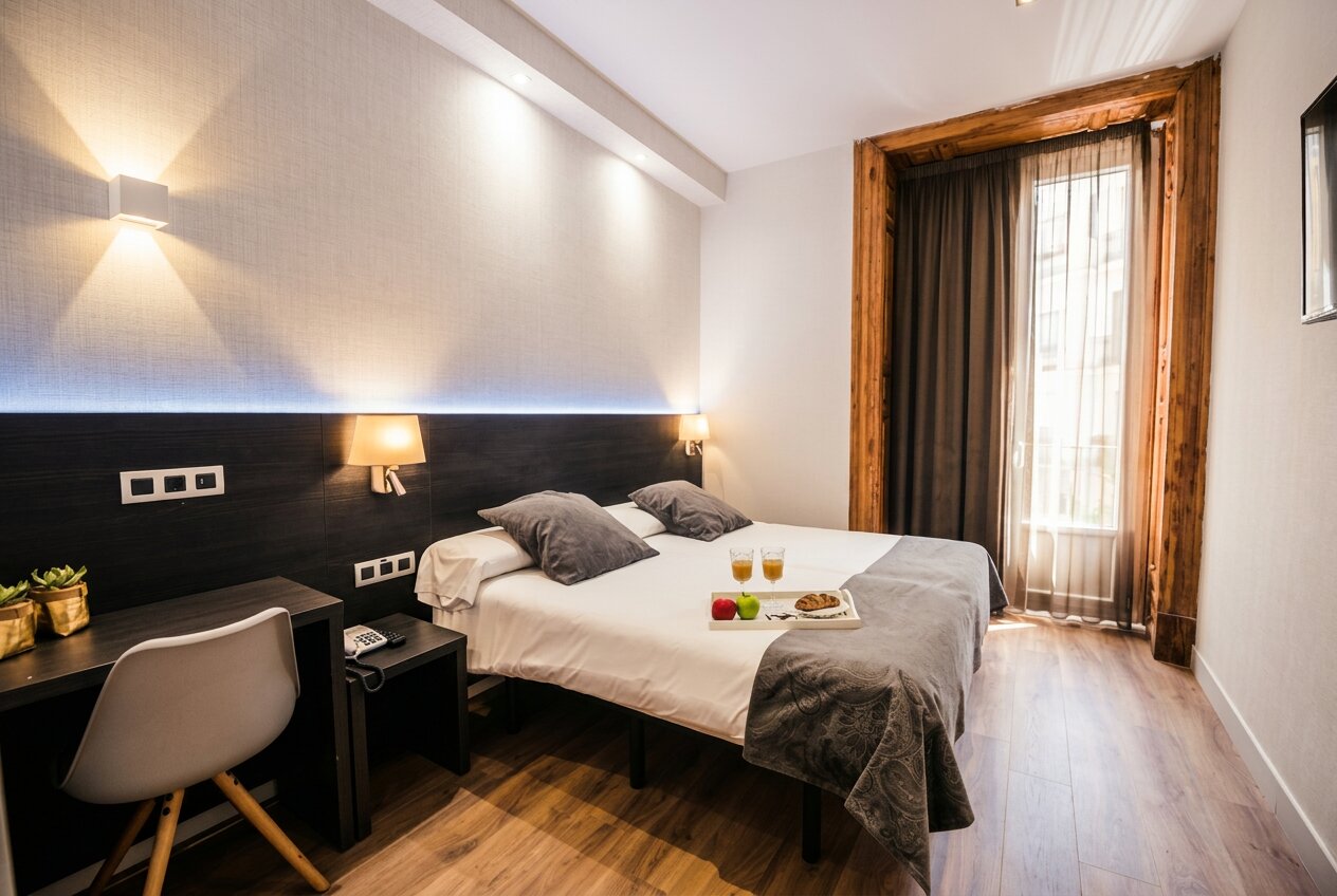 Spanish hotel room after photo enhancement